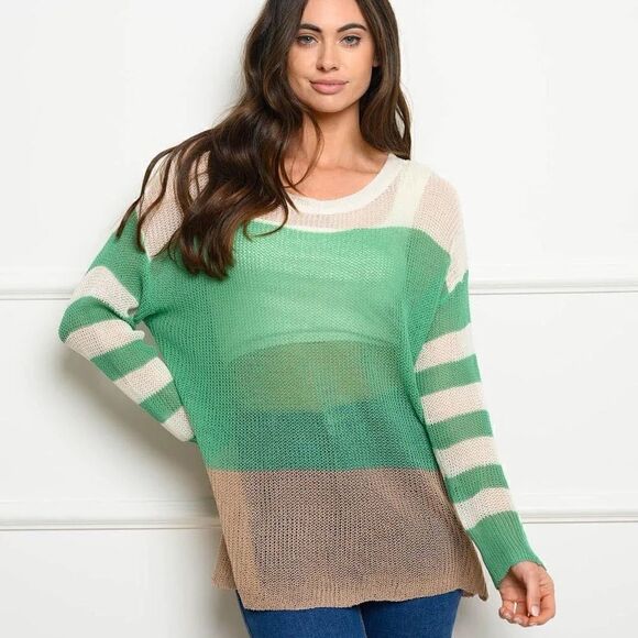 NEW! Semi Sheer Acrylic Long Sleeve Color Block Sweater Green Stripe Tunic Boho - Picture 1 of 3